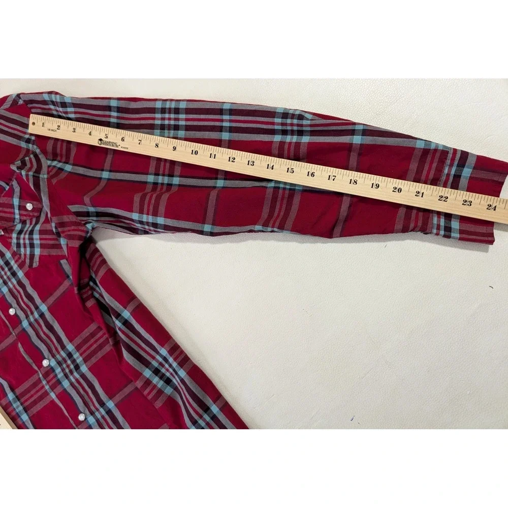 Levis Western Pearl Snap Shirt Mens M Red Plaid Yoke‎ Flap Pockets Cowboy Rodeo